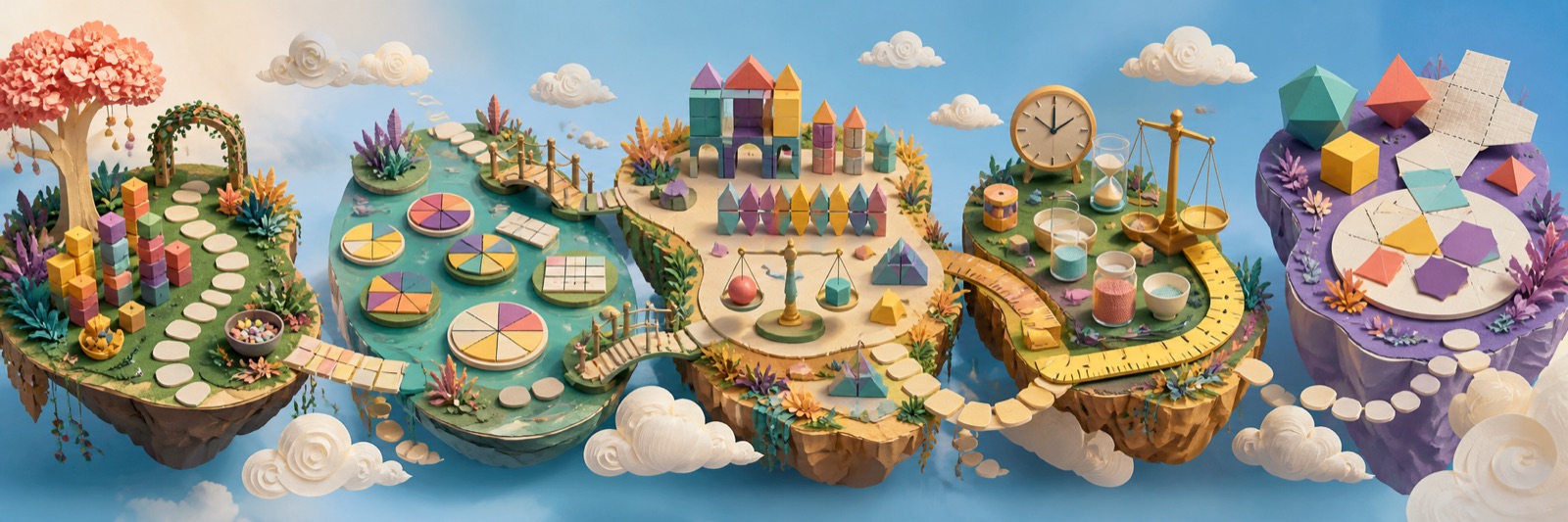 MathLab Math World with 6 colorful learning Spaces connected across floating islands